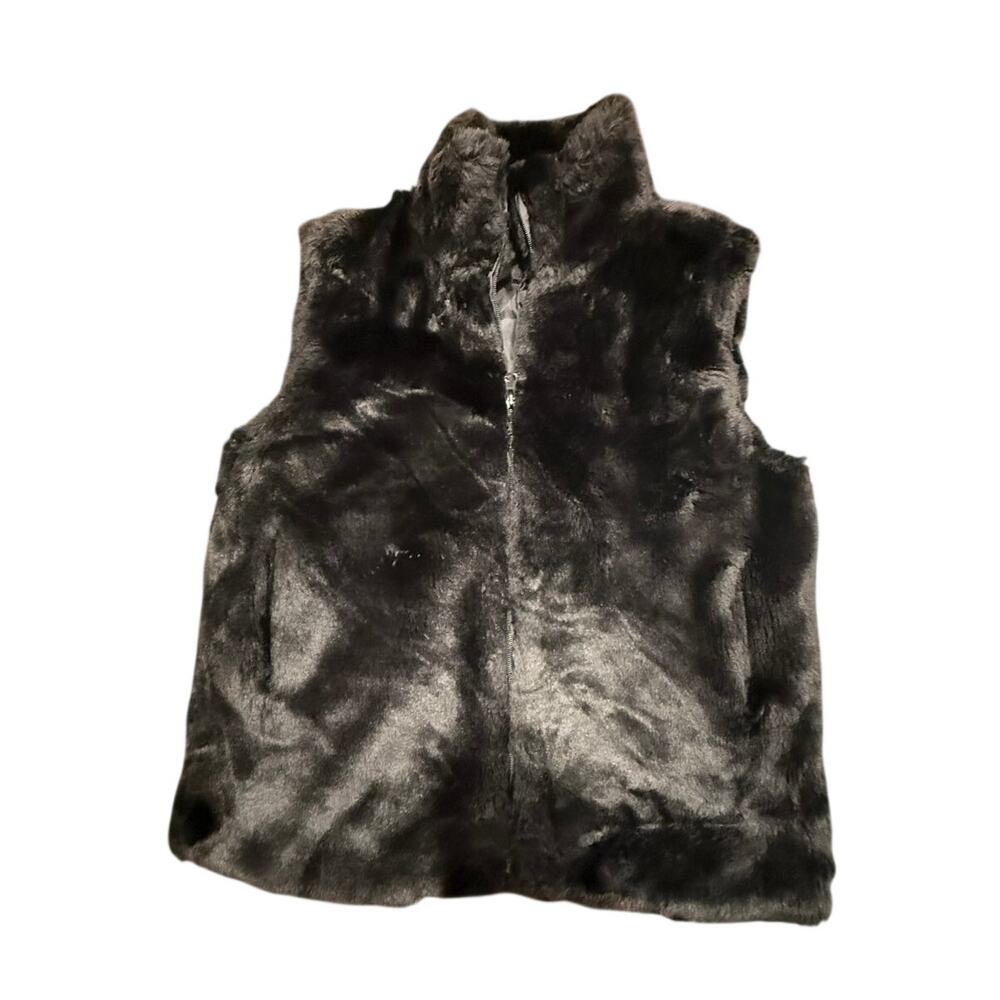 New York & Company Women's Black Faux Fur Full Zip Shaggy Vest Size Small